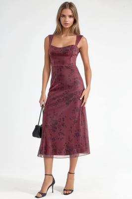 Blühendes Herzkragen-Midi-Kleid