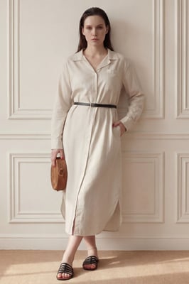 Leinenmischung Midi-Kleid mit Knopfverschluss und Tasche