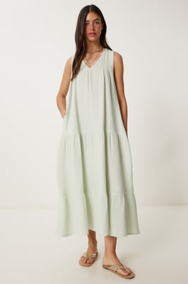 Rüschen V-Ausschnitt Midi-Kleid