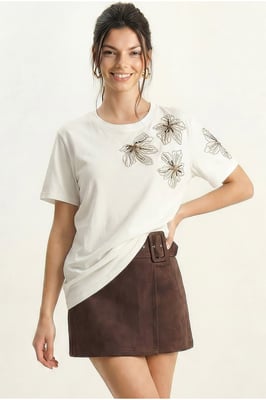 Blumenbesticktes Rundhalsausschnitt T-Shirt