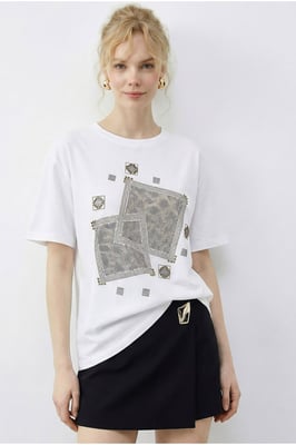 Crew-Neck Geometrisches Paillettendruck T-Shirt