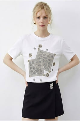 Crew-Neck Geometrisches Paillettendruck T-Shirt