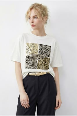 Leopardenmuster Paillettenshirt mit Rundhalsausschnitt