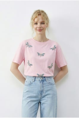 Gesticktes Rundhals-T-Shirt mit lockerer Passform
