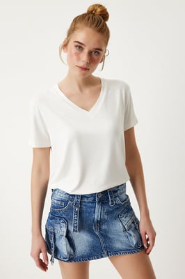 V-Ausschnitt Kurzarm Unifarben T-Shirt