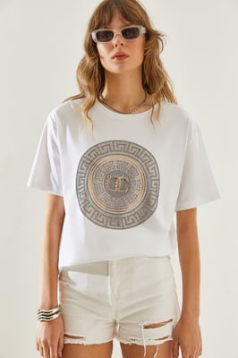 Gesticktes Bedrucktes Rundhals-T-Shirt