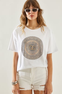 Gesticktes Bedrucktes Rundhals-T-Shirt