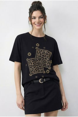 Crew Neck Geometrisches Paillettendruck T-Shirt