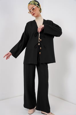 V-Ausschnitt Cardigan und weite Hosen Set