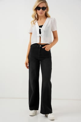 Strukturierter V-Ausschnitt Leinenmix Crop Top