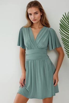 V-Ausschnitt Kurzarm Mini-Kleid