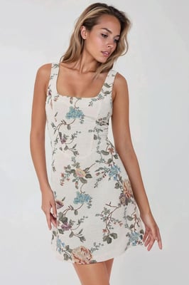 Quadratischer Ausschnitt Blumenmuster Leinen-Optik Mini Kleid