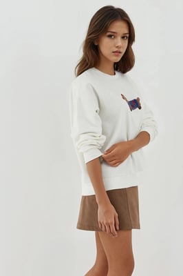 Übergroßer Rundhalsausschnitt Bestickter Baumwollpullover