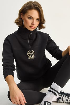 Bestickter Reißverschluss-Kragen Sweatshirt