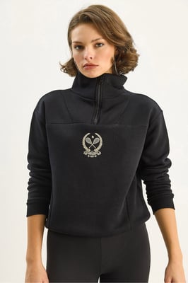 Bestickter Reißverschluss-Kragen Sweatshirt