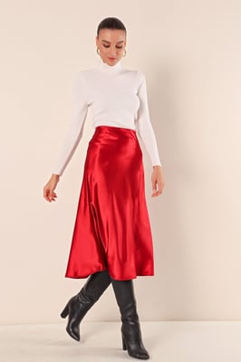 Satin A-Linie Elastischer Taillen-Midi-Rock