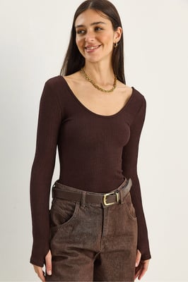 Slim Fit Langarm-Bluse mit U-Ausschnitt