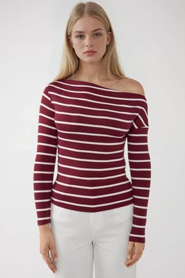 Gestreiftes Off-Shoulder Langarm-Rippstrickoberteil