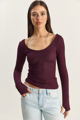 Slim Fit Langarm Bluse mit U-Ausschnitt