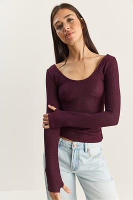 Slim Fit Langarm Bluse mit U-Ausschnitt