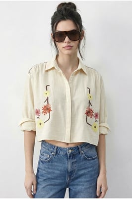Besticktes Crop-Shirt mit Knopfverschluss