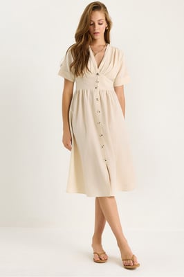 V-Ausschnitt Midi-Hemd-Kleid mit Knöpfen