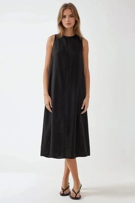 Leinen-Optik ärmelloses Midikleid mit Rundhalsausschnitt