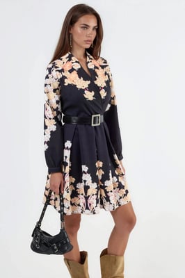 Blumenmuster V-Ausschnitt Tailliertes Minikleid