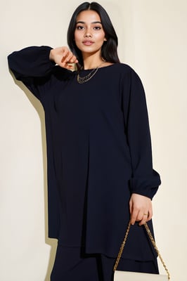 Strukturierte Langarm-Tunika und weit geschnittene Hose Set