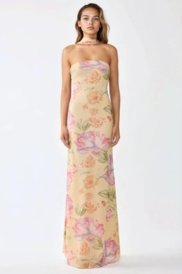 Trägerloses Blüten-Midi-Kleid