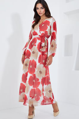 Floral V-Ausschnitt Maxi Wickelkleid mit Schleife