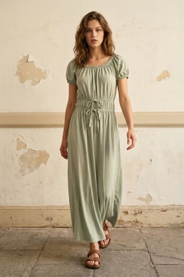 Maxikleid mit quadratischer Halslinie und Bindegürtel
