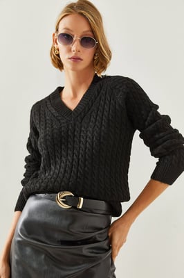 Strukturierter V-Ausschnitt Enganliegender Strickpullover