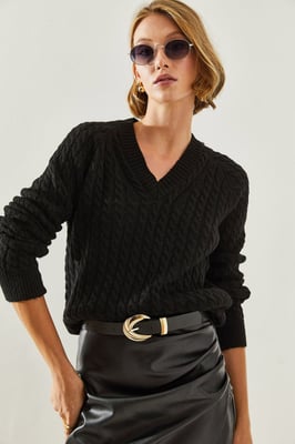 Strukturierter V-Ausschnitt Enganliegender Strickpullover