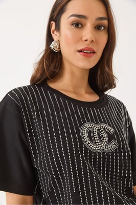 Gesticktes gestreiftes Rundhals-T-Shirt