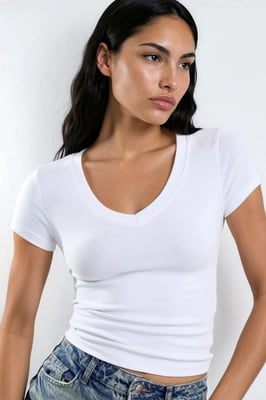 Elastisches V-Ausschnitt Kurzarm-T-Shirt