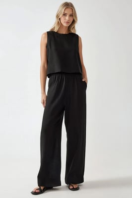 Leinengefühl Bluse & Elastischer Taillenbund Hosen Zweiteiliges Set