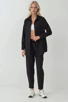 Leinenmischung Langarmhemd und Hosen Koord-Set