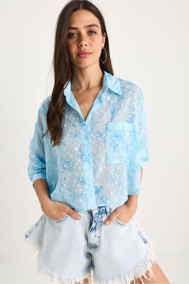 Florales Jacquard Kurzarm-Hemd mit Knopfleiste und Tasche