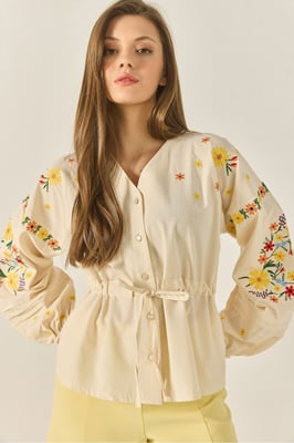 Besticktes V-Ausschnitt Baumwollshirt mit Schleife