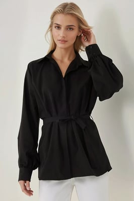 Leinen-Polyester Langarmhemd mit Gürtel