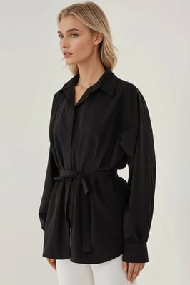 Leinen-Polyester Langarmhemd mit Gürtel