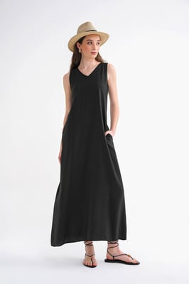 V-Ausschnitt ärmelloses Maxikleid mit Taschen