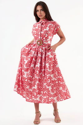 Floral A-Linien-Midikleid mit Gürtel