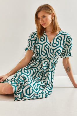 Geometrisches Muster V-Ausschnitt Midikleid mit Gürtel