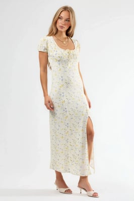 Blumenkleid Midi mit U-Ausschnitt und Bindegürtel
