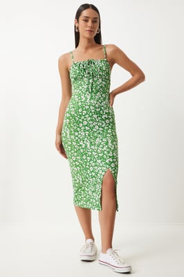 Blumiges Bodycon-Midi-Kleid mit Schlitz