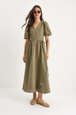 Strukturiertes V-Ausschnitt Midikleid mit Wickelverschluss