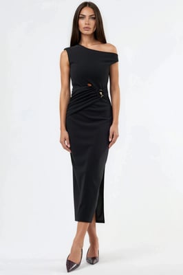 Asymmetrisches Kragen-Midi-Kleid mit Accessoire-Details
