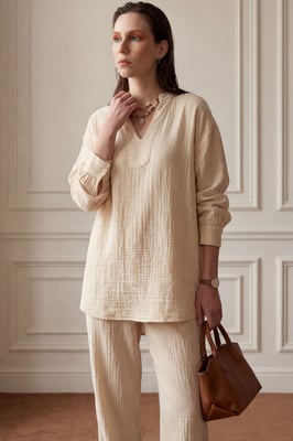 V-Ausschnitt Bluse & Schlaghose Muslin Zweiteiliges Set
